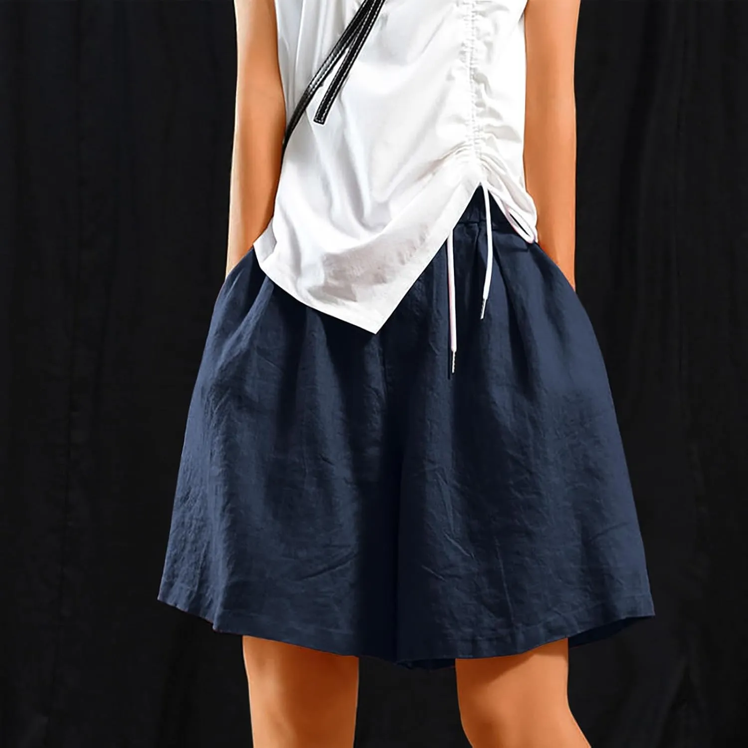 Womens Knee Length Bermuda Shorts Elastic Waist Wide Leg Casual 10" Long Shorts Loose Fit Summer Beach Shorts Pocket
