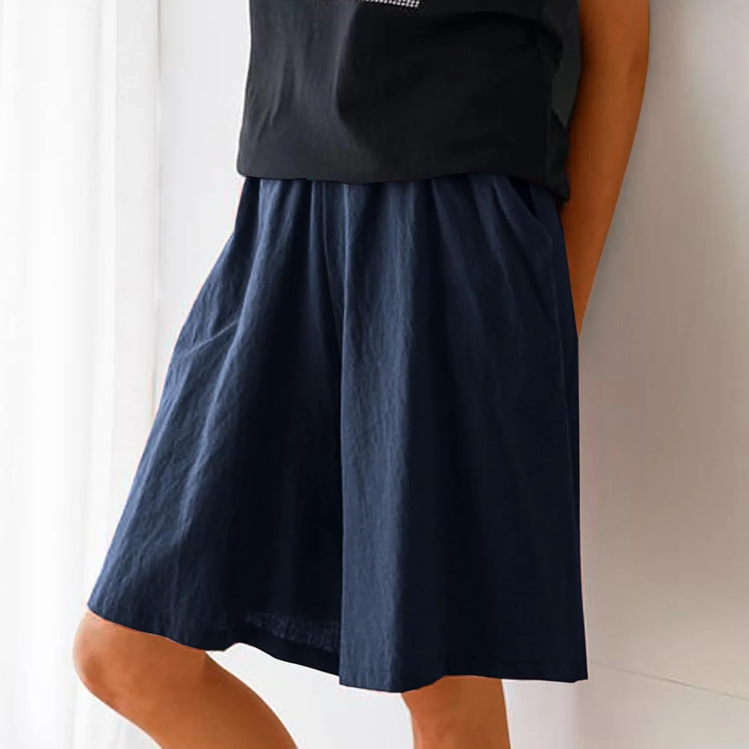 Womens Knee Length Bermuda Shorts Elastic Waist Wide Leg Casual 10" Long Shorts Loose Fit Summer Beach Shorts Pocket