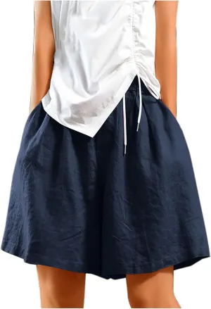 Womens Knee Length Bermuda Shorts Elastic Waist Wide Leg Casual 10" Long Shorts Loose Fit Summer Beach Shorts Pocket