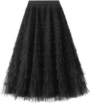 Women's Long Maxi Tulle Skirts A Line Trendy Ruffle High Waisted Tiered Layered Mesh Tutu Skirt Petticoat