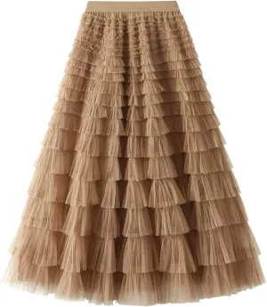 Women's Long Maxi Tulle Skirts A Line Trendy Ruffle High Waisted Tiered Layered Mesh Tutu Skirt Petticoat