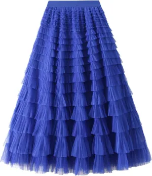 Women's Long Maxi Tulle Skirts A Line Trendy Ruffle High Waisted Tiered Layered Mesh Tutu Skirt Petticoat