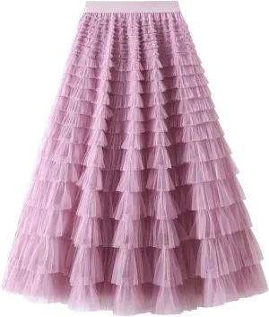 Women's Long Maxi Tulle Skirts A Line Trendy Ruffle High Waisted Tiered Layered Mesh Tutu Skirt Petticoat