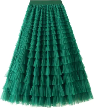 Women's Long Maxi Tulle Skirts A Line Trendy Ruffle High Waisted Tiered Layered Mesh Tutu Skirt Petticoat