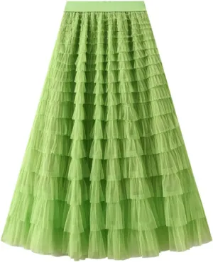 Women's Long Maxi Tulle Skirts A Line Trendy Ruffle High Waisted Tiered Layered Mesh Tutu Skirt Petticoat