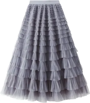 Women's Long Maxi Tulle Skirts A Line Trendy Ruffle High Waisted Tiered Layered Mesh Tutu Skirt Petticoat
