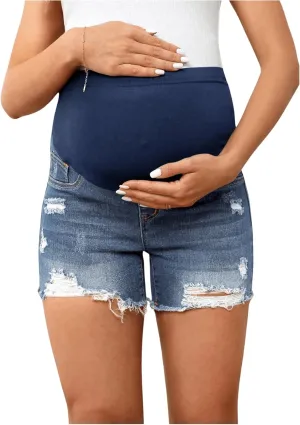 Women's Maternity Ripped Raw Hem Skinny Shorts Elastic Waist Jeans Pregnant Denim Shorts