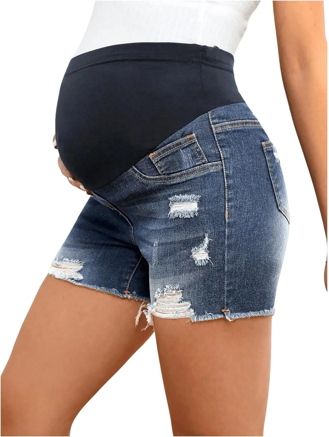 Women's Maternity Ripped Raw Hem Skinny Shorts Elastic Waist Jeans Pregnant Denim Shorts