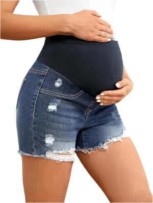 Women's Maternity Ripped Raw Hem Skinny Shorts Elastic Waist Jeans Pregnant Denim Shorts