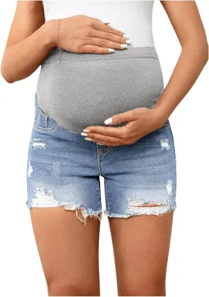 Women's Maternity Ripped Raw Hem Skinny Shorts Elastic Waist Jeans Pregnant Denim Shorts