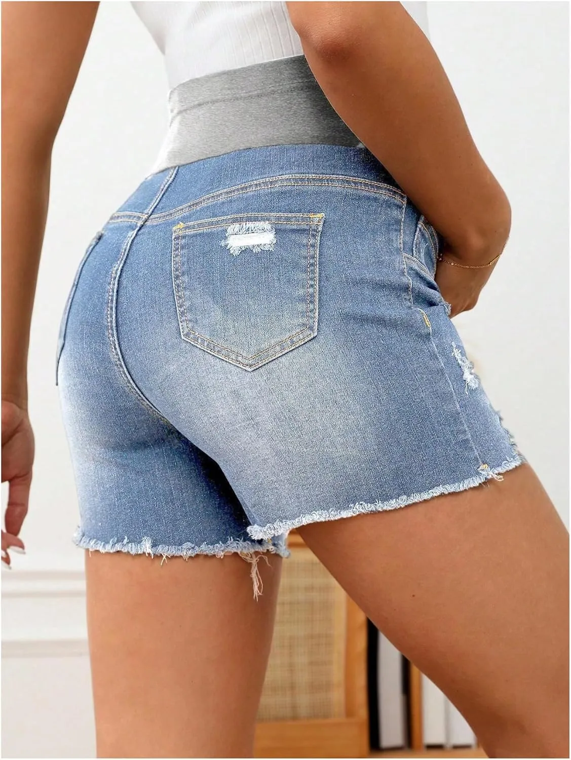 Women's Maternity Ripped Raw Hem Skinny Shorts Elastic Waist Jeans Pregnant Denim Shorts