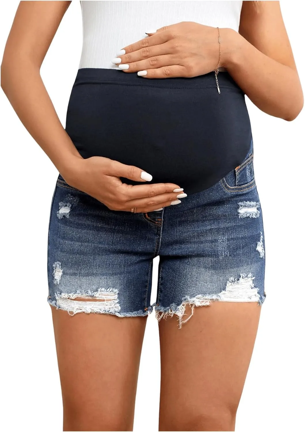 Women's Maternity Ripped Raw Hem Skinny Shorts Elastic Waist Jeans Pregnant Denim Shorts