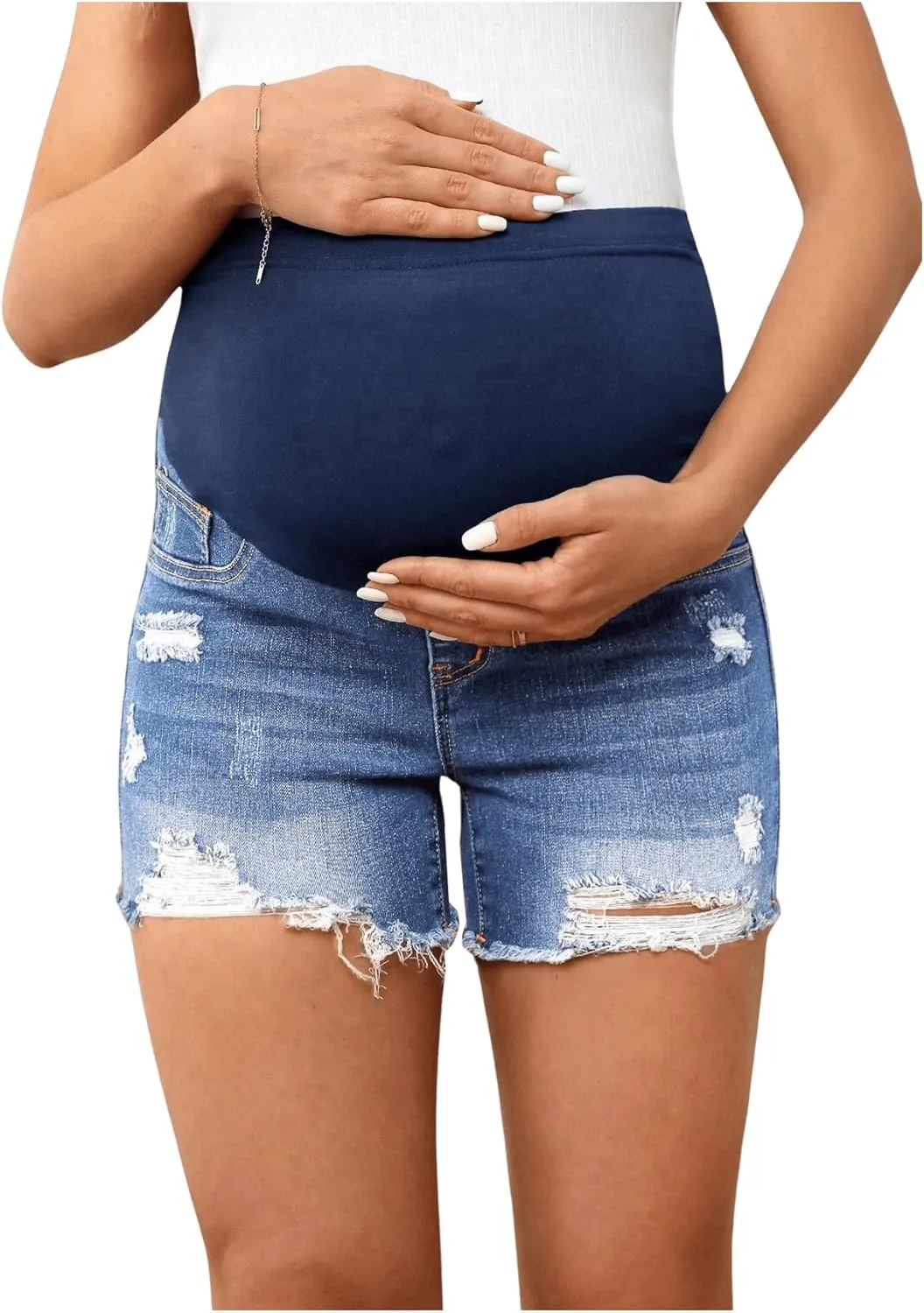 Women's Maternity Ripped Raw Hem Skinny Shorts Elastic Waist Jeans Pregnant Denim Shorts