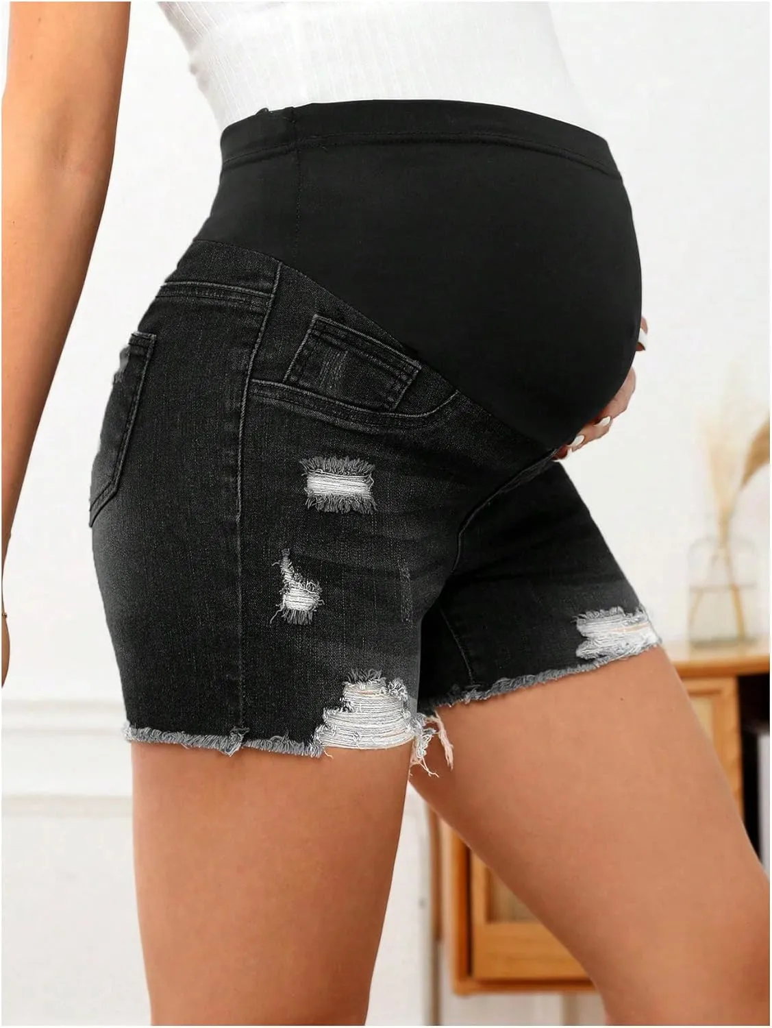 Women's Maternity Ripped Raw Hem Skinny Shorts Elastic Waist Jeans Pregnant Denim Shorts