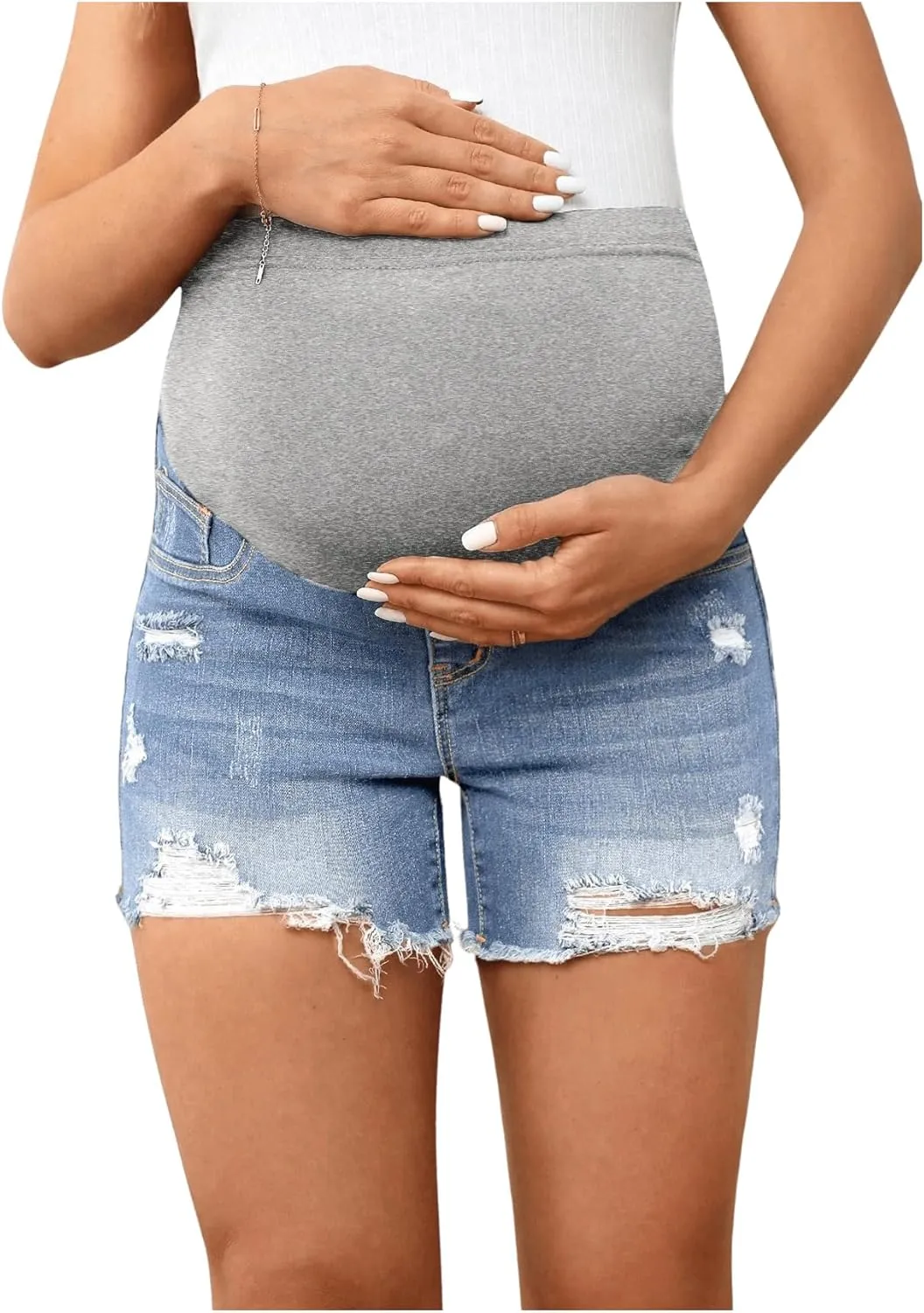 Women's Maternity Ripped Raw Hem Skinny Shorts Elastic Waist Jeans Pregnant Denim Shorts