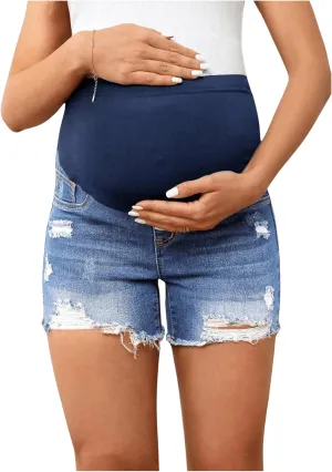 Women's Maternity Ripped Raw Hem Skinny Shorts Elastic Waist Jeans Pregnant Denim Shorts