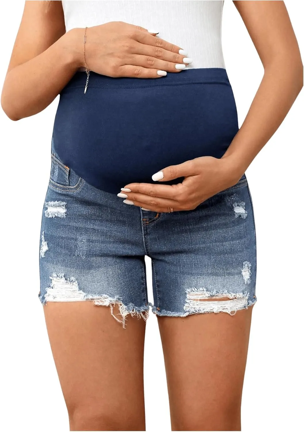 Women's Maternity Ripped Raw Hem Skinny Shorts Elastic Waist Jeans Pregnant Denim Shorts