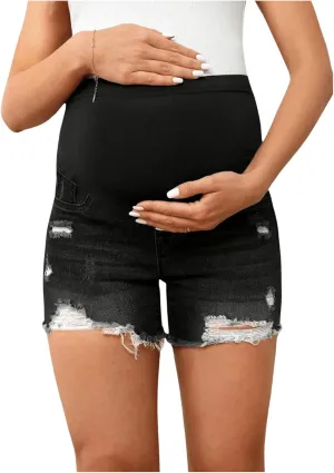 Women's Maternity Ripped Raw Hem Skinny Shorts Elastic Waist Jeans Pregnant Denim Shorts
