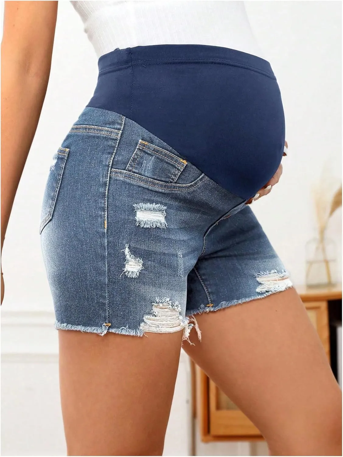 Women's Maternity Ripped Raw Hem Skinny Shorts Elastic Waist Jeans Pregnant Denim Shorts