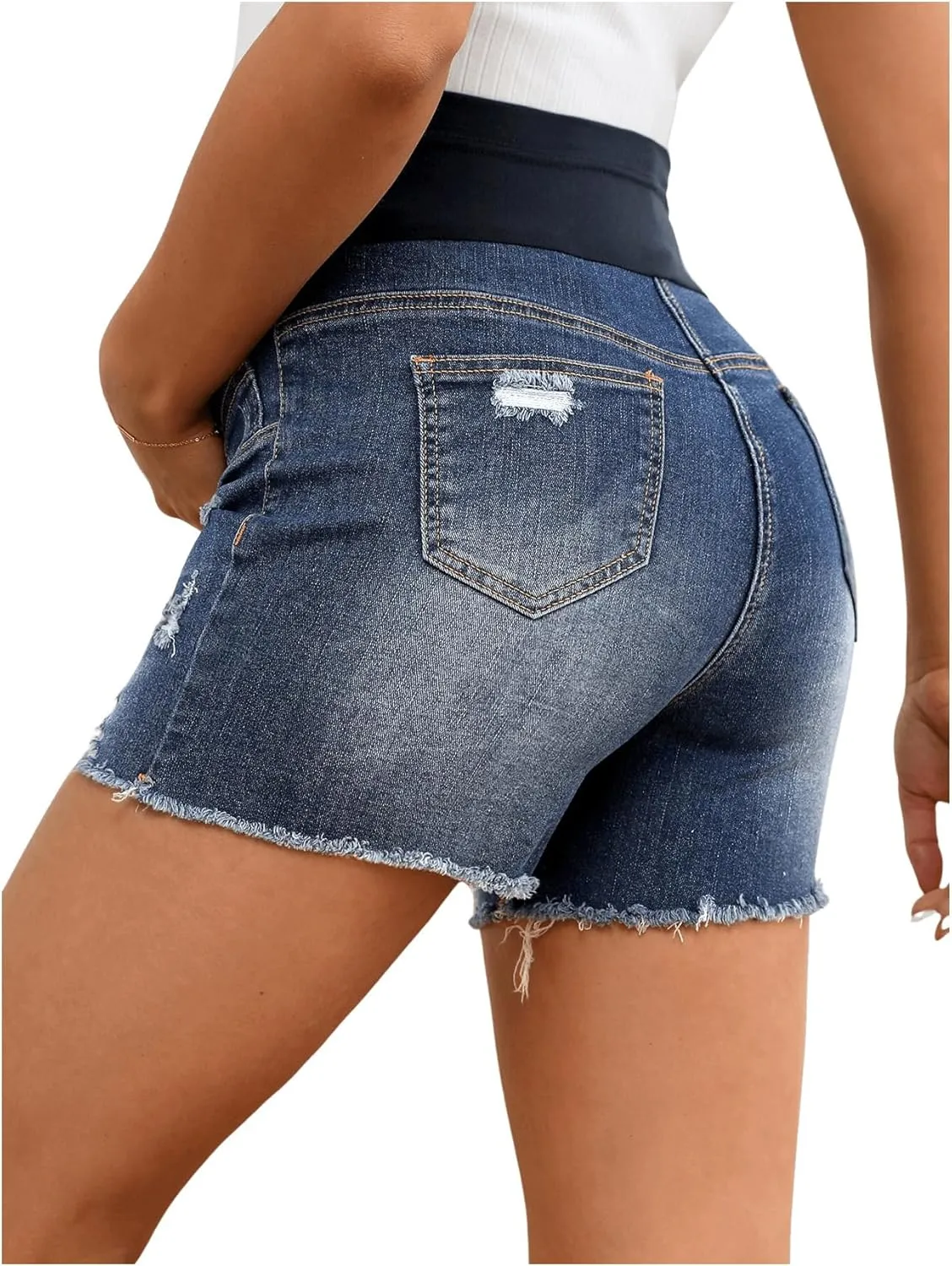 Women's Maternity Ripped Raw Hem Skinny Shorts Elastic Waist Jeans Pregnant Denim Shorts