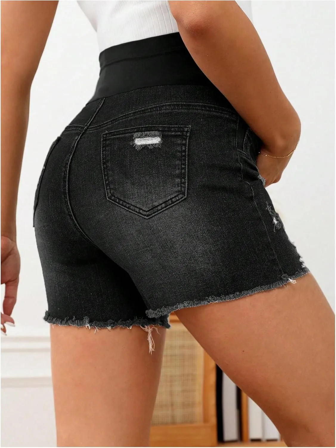 Women's Maternity Ripped Raw Hem Skinny Shorts Elastic Waist Jeans Pregnant Denim Shorts