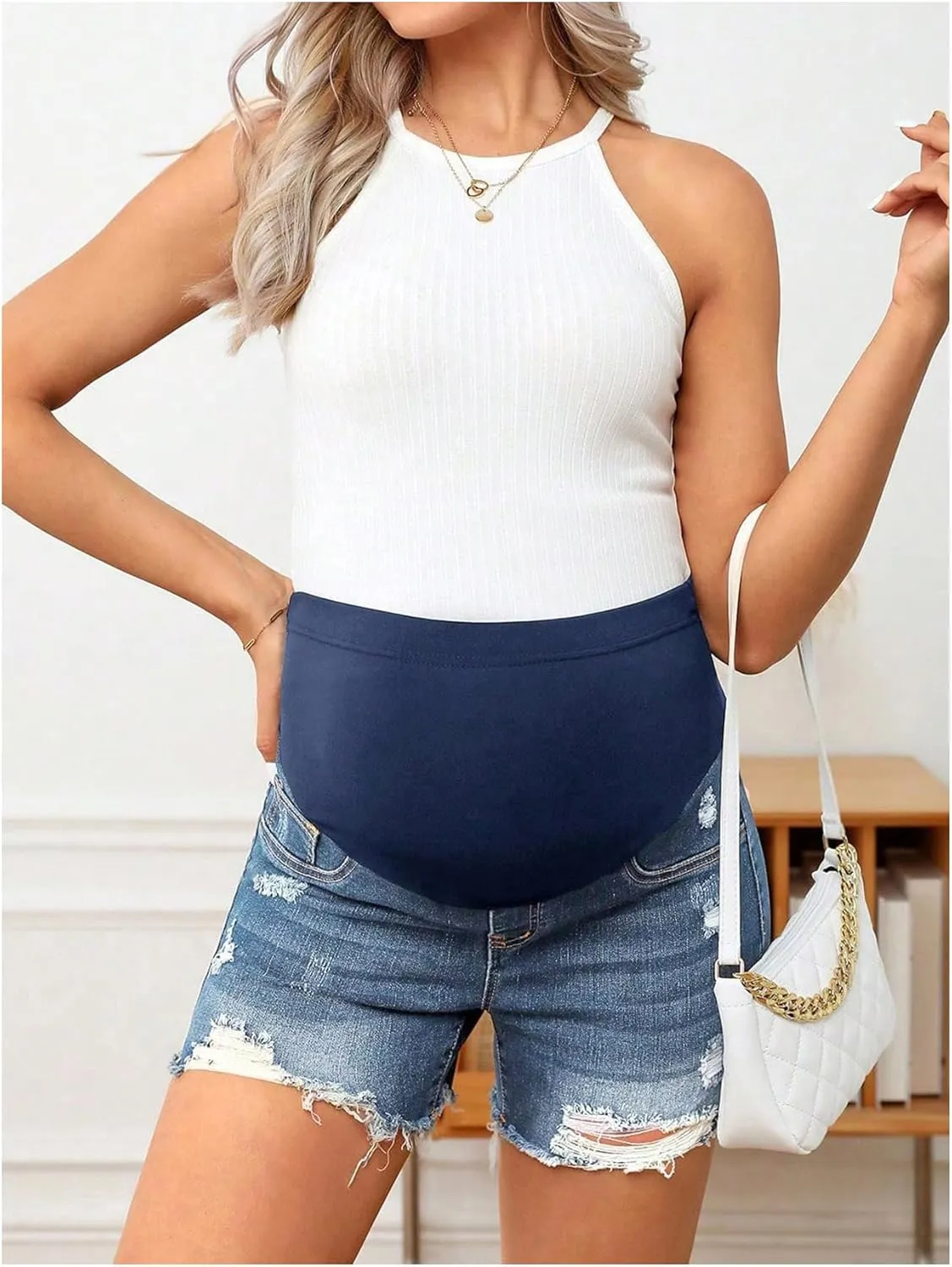 Women's Maternity Ripped Raw Hem Skinny Shorts Elastic Waist Jeans Pregnant Denim Shorts