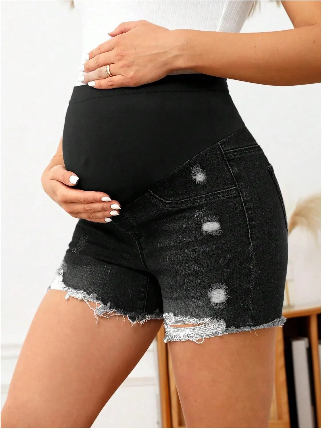 Women's Maternity Ripped Raw Hem Skinny Shorts Elastic Waist Jeans Pregnant Denim Shorts