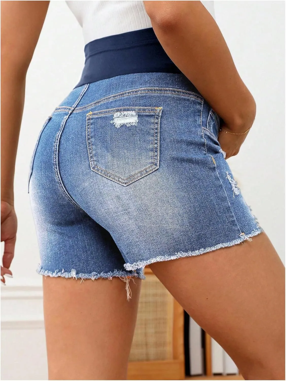 Women's Maternity Ripped Raw Hem Skinny Shorts Elastic Waist Jeans Pregnant Denim Shorts
