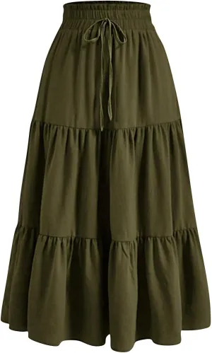 Womens Maxi Skirt 2025 Summer Comfy Tiered Elastic High Waisted Skirts Floral Boho Beach Vacation Long Skirts