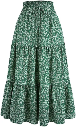 Womens Maxi Skirt 2025 Summer Comfy Tiered Elastic High Waisted Skirts Floral Boho Beach Vacation Long Skirts
