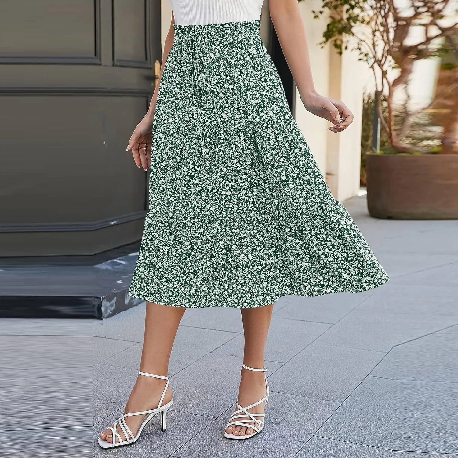 Womens Maxi Skirt 2025 Summer Comfy Tiered Elastic High Waisted Skirts Floral Boho Beach Vacation Long Skirts
