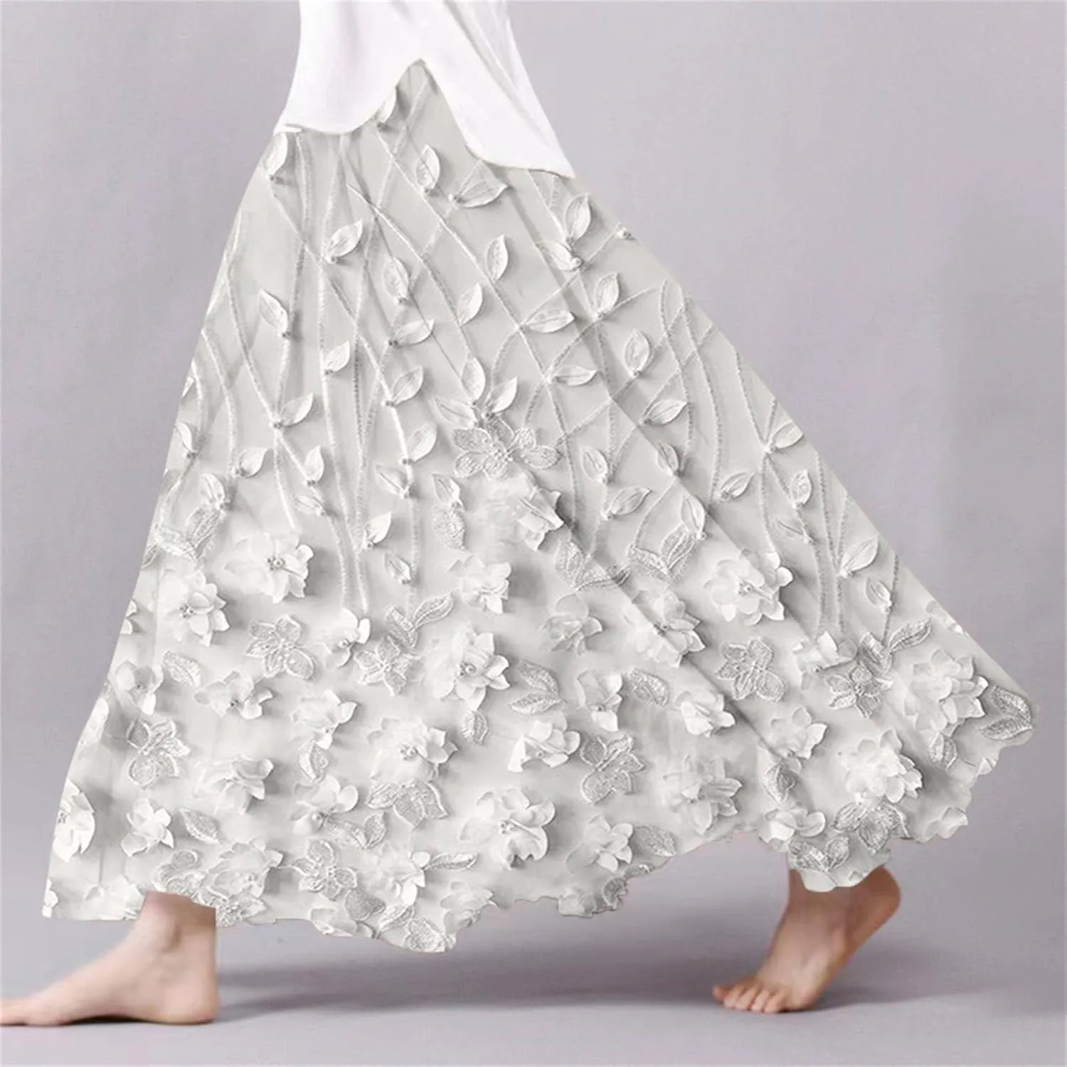 Womens Maxi Skirt Summer Floral Embroidered Lace Printed Boho Easter Long Skirts Flowy Tiered Beach Vacation Dress