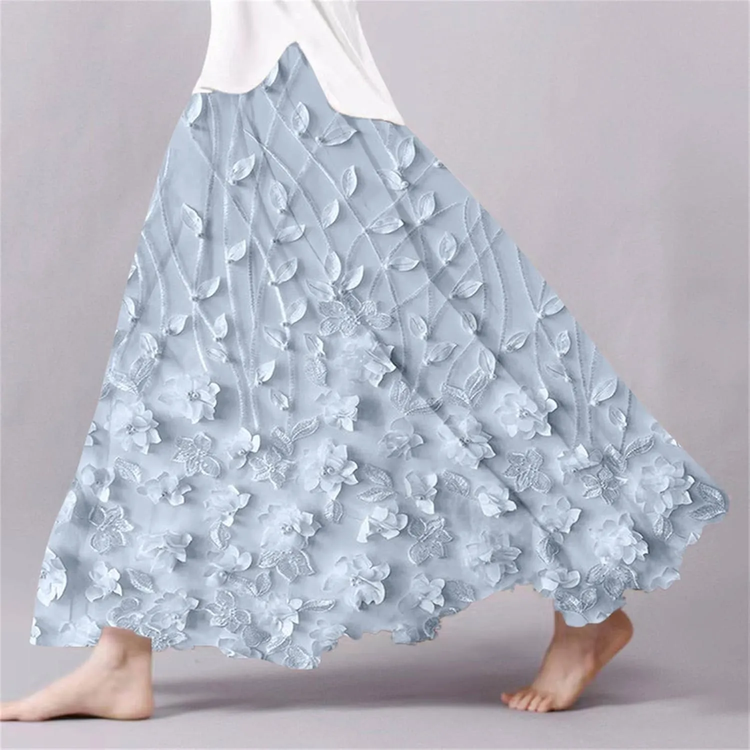 Womens Maxi Skirt Summer Floral Embroidered Lace Printed Boho Easter Long Skirts Flowy Tiered Beach Vacation Dress