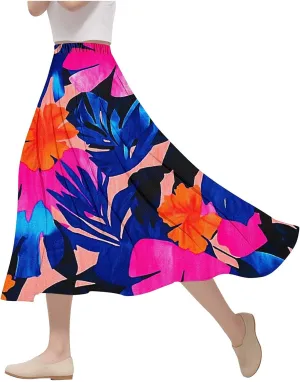 Womens Maxi Skirt Trendy Summer Boho Floral Printed Flowy Long Skirts Pleated Beach Vacation Resort Chiffon Skirt