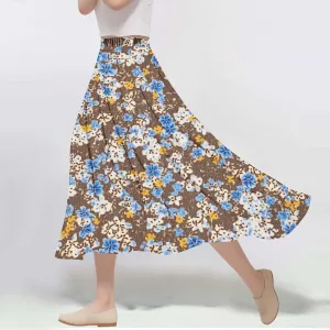 Womens Maxi Skirt Trendy Summer Boho Floral Printed Flowy Long Skirts Pleated Beach Vacation Resort Chiffon Skirt