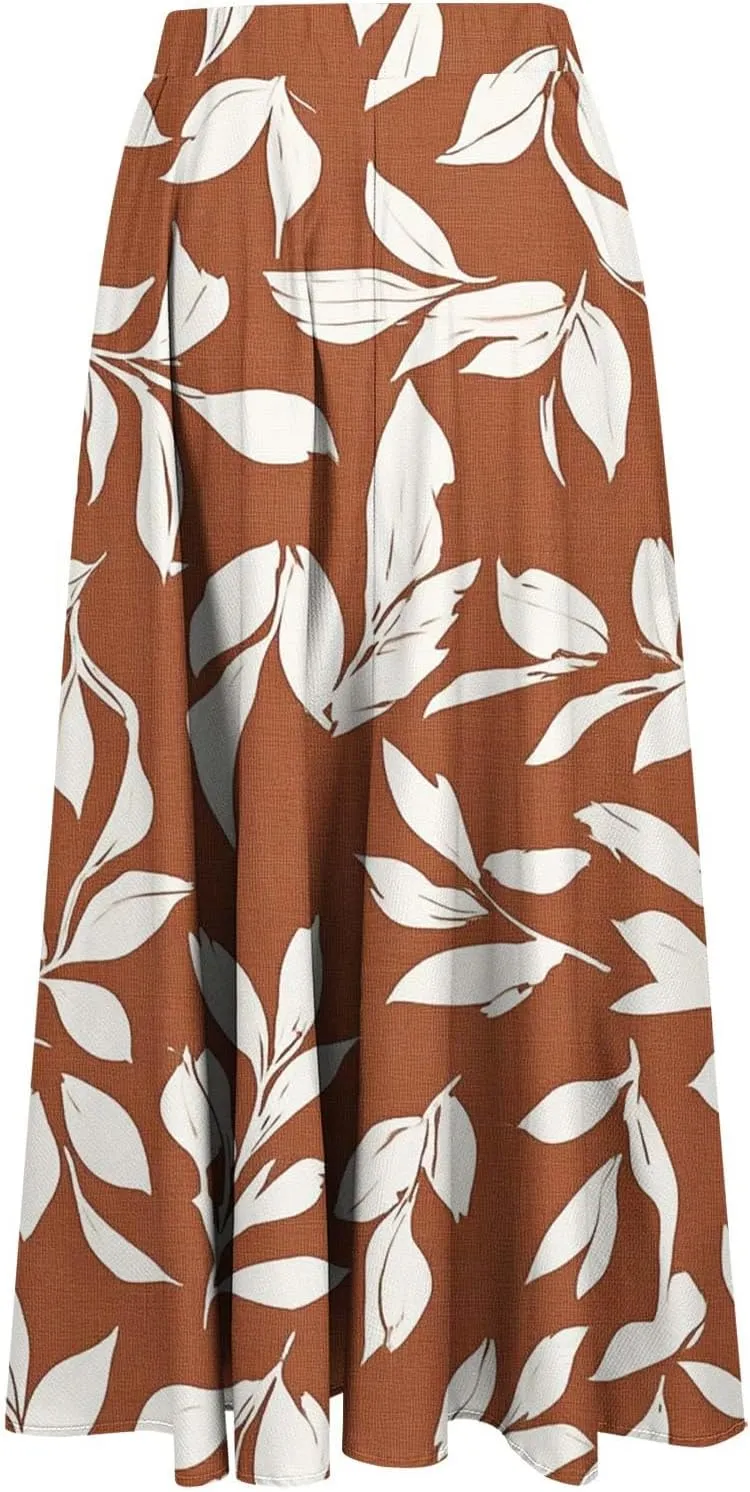 Womens Maxi Skirt Trendy Summer Boho Floral Printed Flowy Long Skirts Pleated Beach Vacation Resort Chiffon Skirt