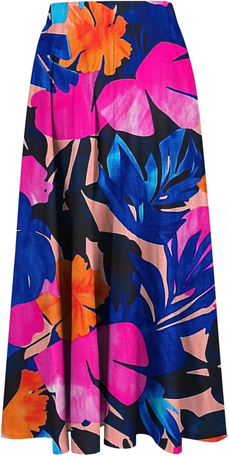 Womens Maxi Skirt Trendy Summer Boho Floral Printed Flowy Long Skirts Pleated Beach Vacation Resort Chiffon Skirt