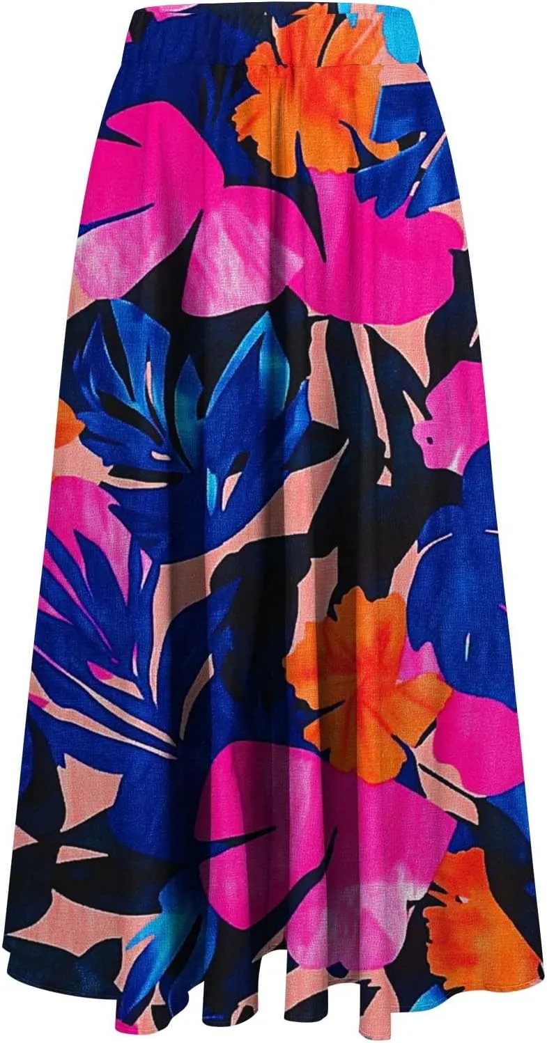 Womens Maxi Skirt Trendy Summer Boho Floral Printed Flowy Long Skirts Pleated Beach Vacation Resort Chiffon Skirt