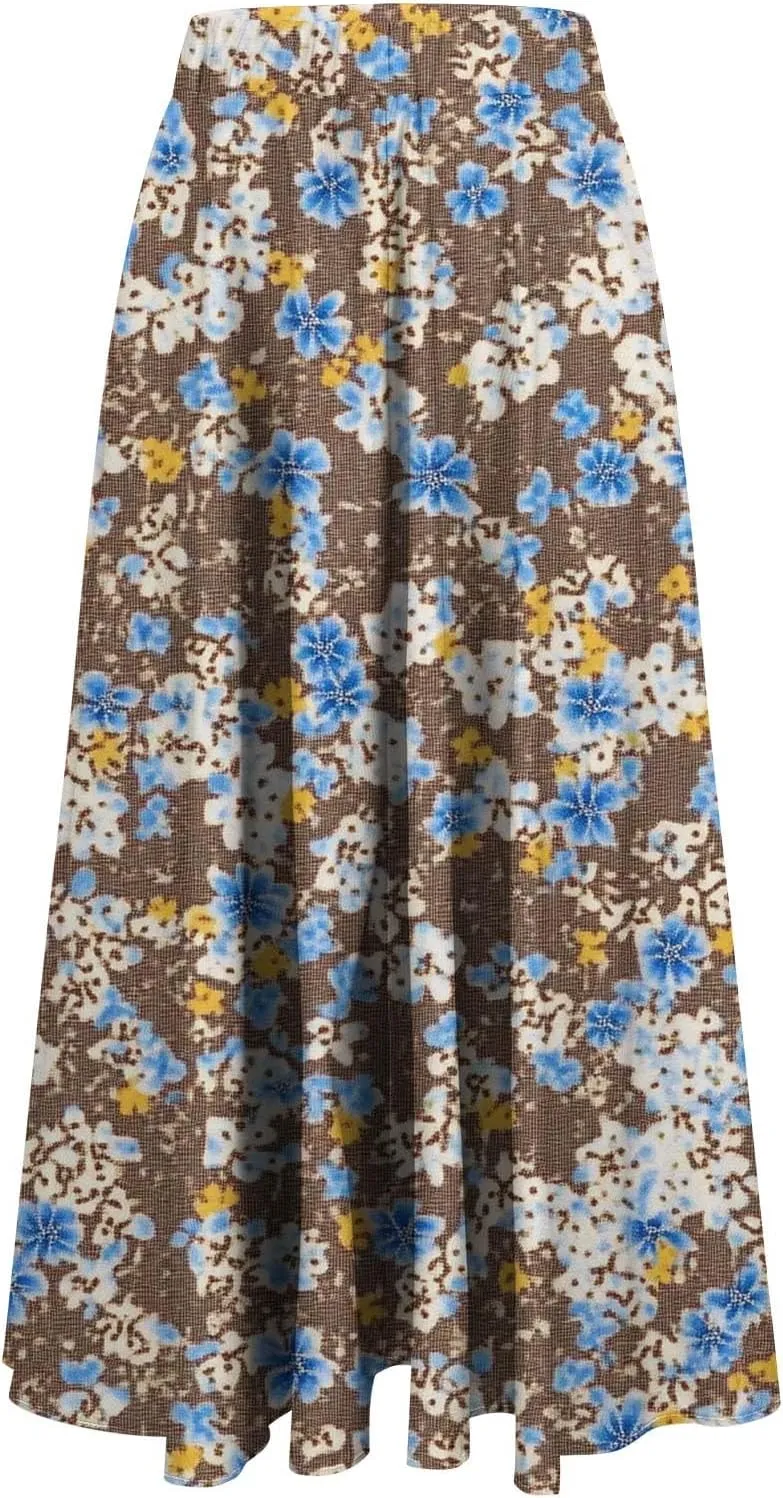 Womens Maxi Skirt Trendy Summer Boho Floral Printed Flowy Long Skirts Pleated Beach Vacation Resort Chiffon Skirt