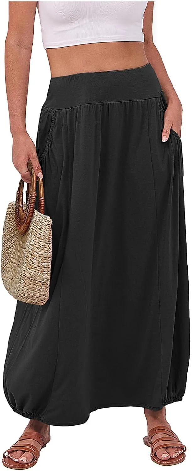 Women's Maxi Skirts 2025 Summer Elastic High Waist Ankle Length Skirt with Pockets Casual Trendy Flowy Beach Skirts