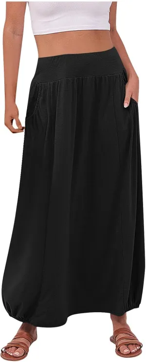 Women's Maxi Skirts 2025 Summer Elastic High Waist Ankle Length Skirt with Pockets Casual Trendy Flowy Beach Skirts