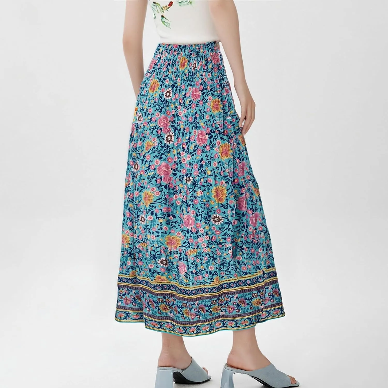 Women's Maxi Skirts Summer Tiered Drawstring Elastic High Waisted Skirt Pleated Aline Skirt Casual Flowy Long Skirt