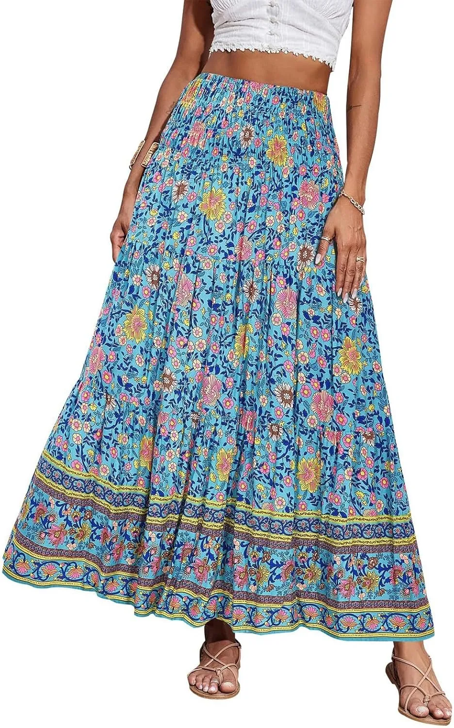 Women's Maxi Skirts Summer Tiered Drawstring Elastic High Waisted Skirt Pleated Aline Skirt Casual Flowy Long Skirt
