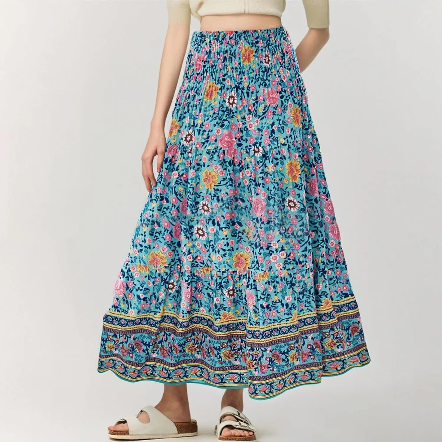 Women's Maxi Skirts Summer Tiered Drawstring Elastic High Waisted Skirt Pleated Aline Skirt Casual Flowy Long Skirt