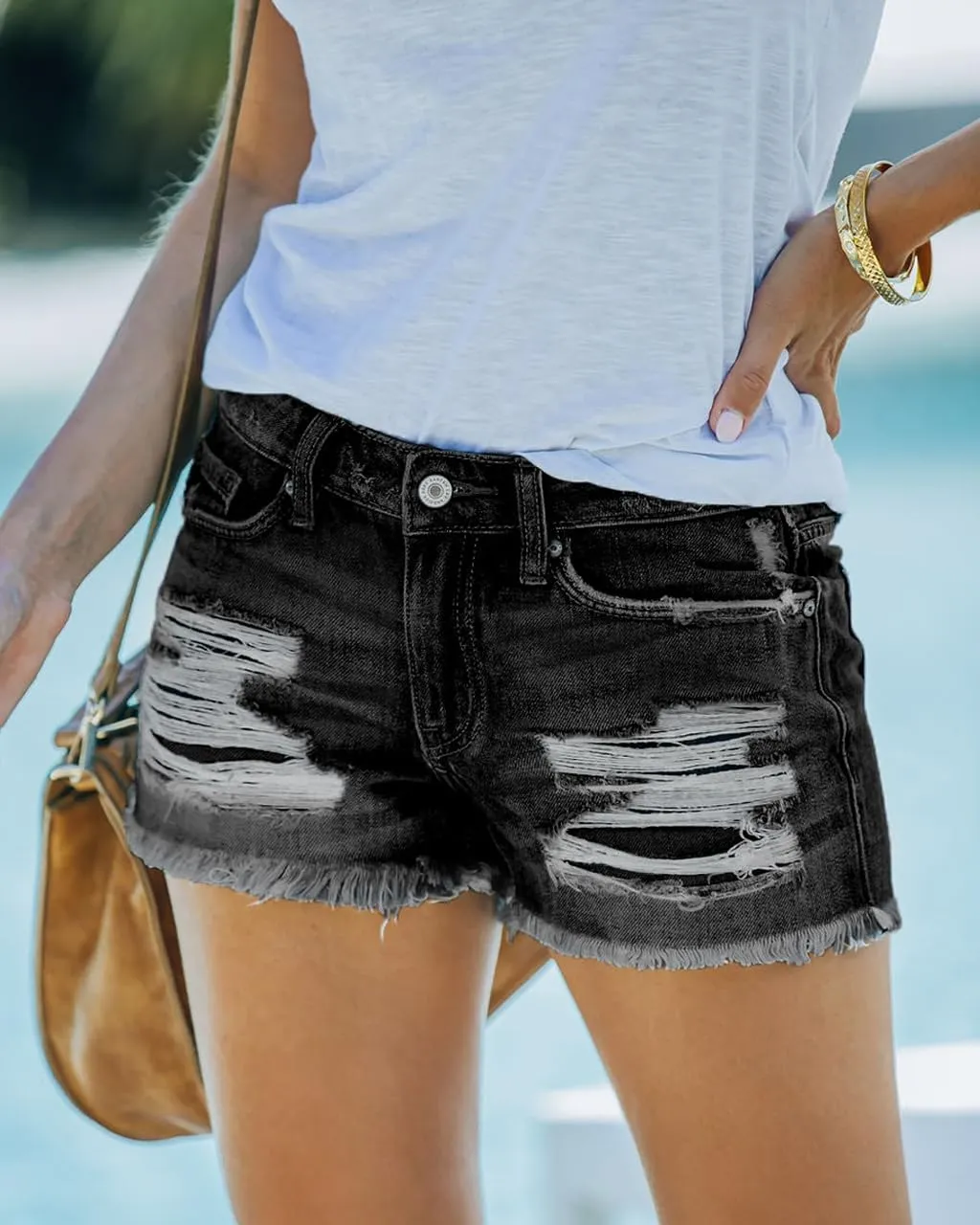Women's Mid Rise Ripped Stretchy Jean Shorts Frayed Raw Hem Casual Denim Shorts