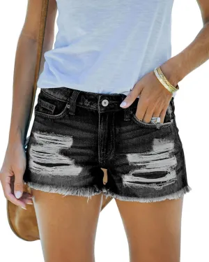 Women's Mid Rise Ripped Stretchy Jean Shorts Frayed Raw Hem Casual Denim Shorts