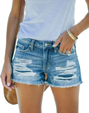 Women's Mid Rise Ripped Stretchy Jean Shorts Frayed Raw Hem Casual Denim Shorts
