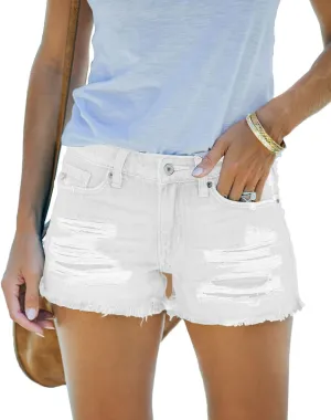 Women's Mid Rise Ripped Stretchy Jean Shorts Frayed Raw Hem Casual Denim Shorts