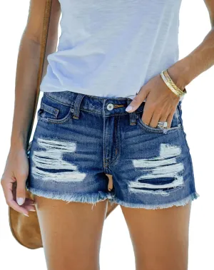 Women's Mid Rise Ripped Stretchy Jean Shorts Frayed Raw Hem Casual Denim Shorts