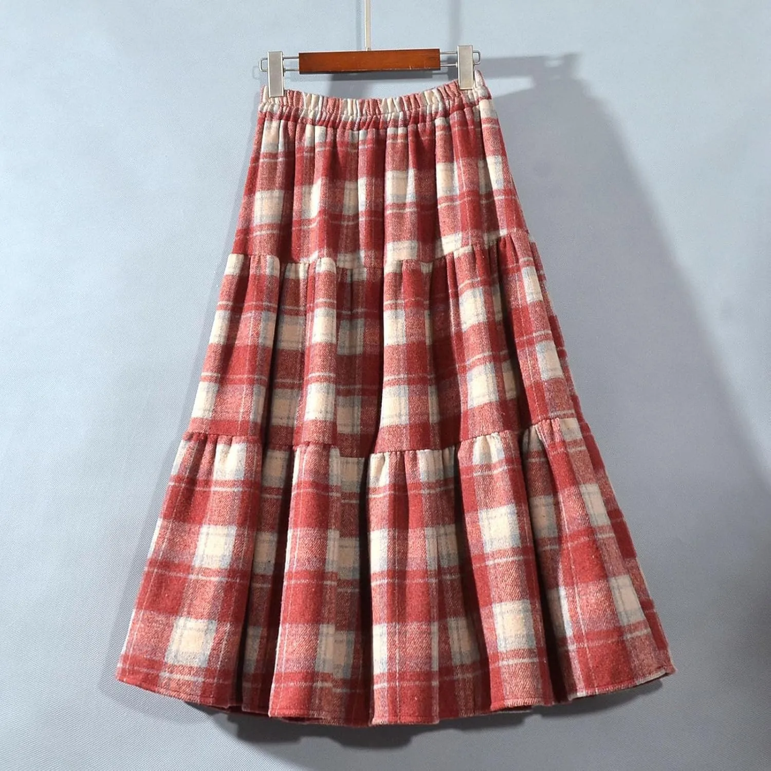 Women's Plaid Skirt Elastic High Waist Wool Skirts Trendy A Line Tiered Ruffle Swing Skirt Casual Loose Long Skirts